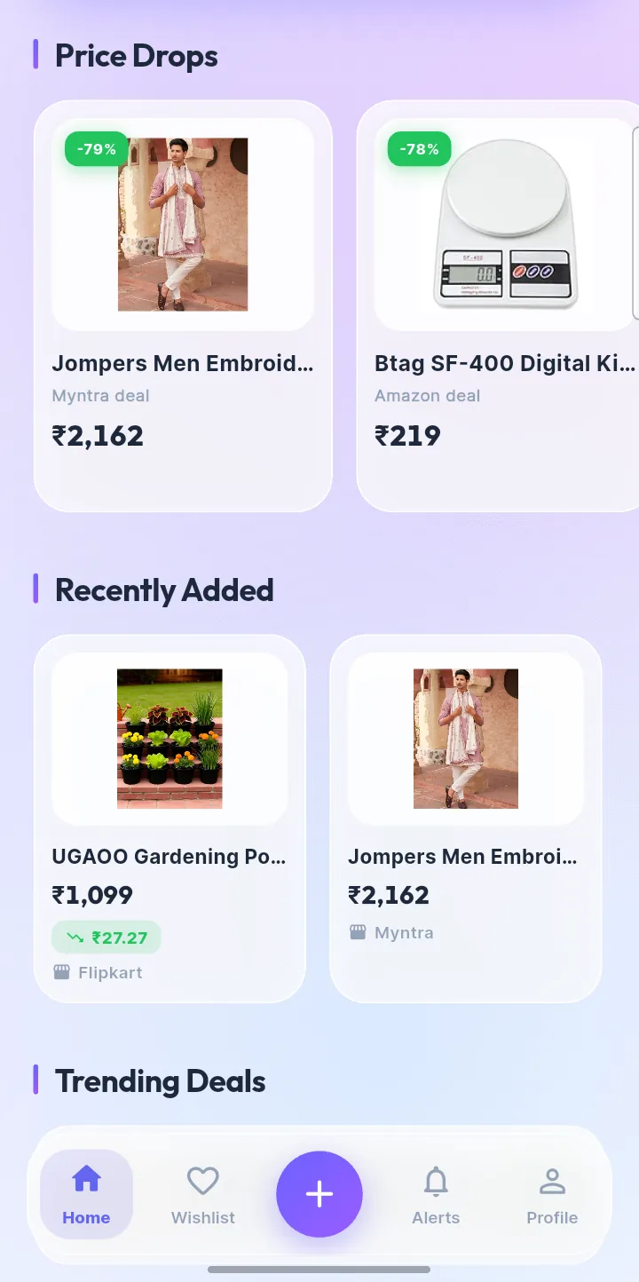 The Wishsy home screen: a Price Drops row showing a kurta set down 79% to ₹2,162 and a kitchen scale down 78% to ₹219, with a Recently Added row beneath it.
